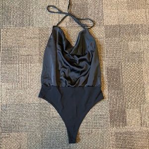 Black cowl neck satin open back bodysuit, size 8